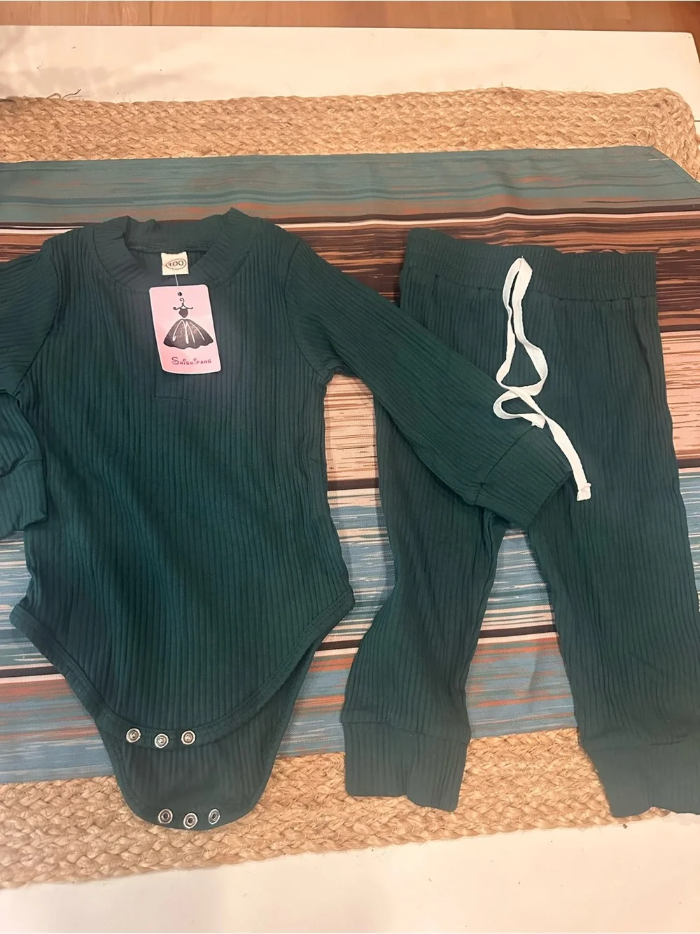 Ribbed 3T Long-Sleeve Unisex Baby Bodysuit & Drawstring Pants Set - Hunter Green